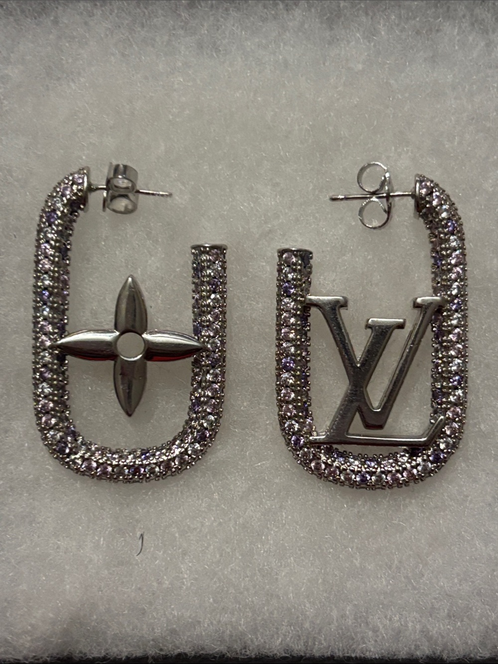 LV Silver Hoop Earrings with Purple & Diamond Stones